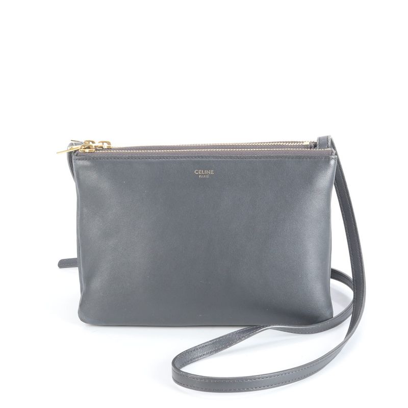 Celine Trio Small Leather Shoulder Bag Crossbody Black Women RRE Cz42-8