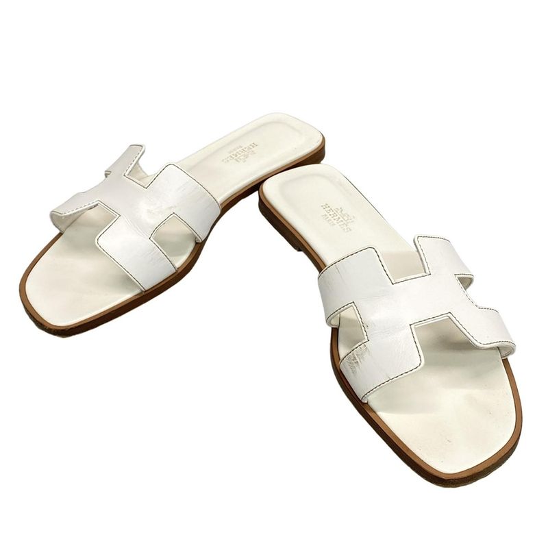 Hermes Sandals 37 Oran White With Reupholstered Sole Leather