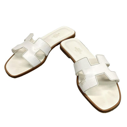 Hermes Sandals 37 Oran White With Reupholstered Sole Leather