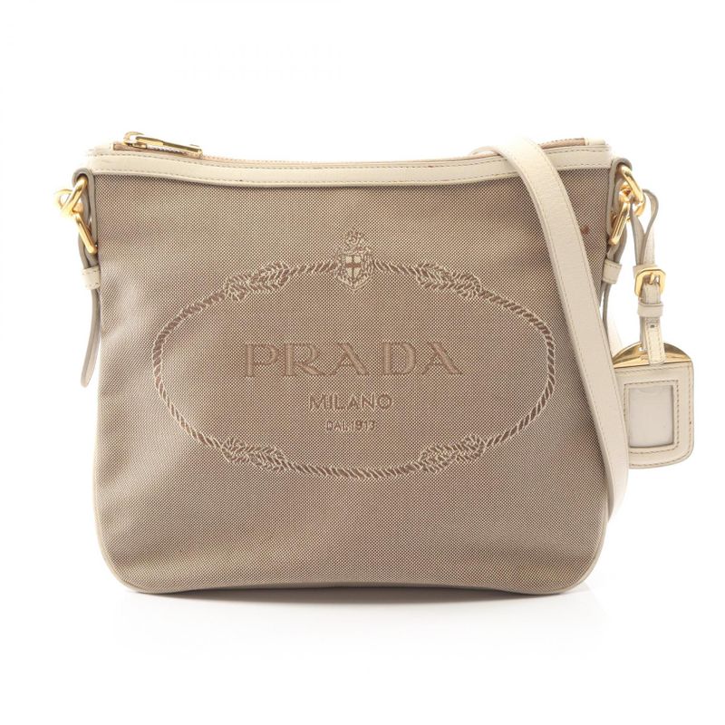 Prada Shoulder Bag Logo Jacquard Logo Jacquard Beige Ivory Canvas Leather Logo