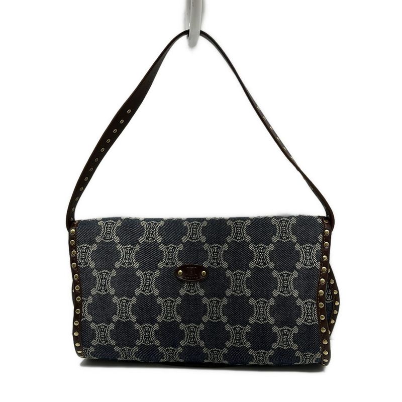 Celine Shoulder Bag Paris Macadam Navy Ivory And Dark Brown Studded Leather