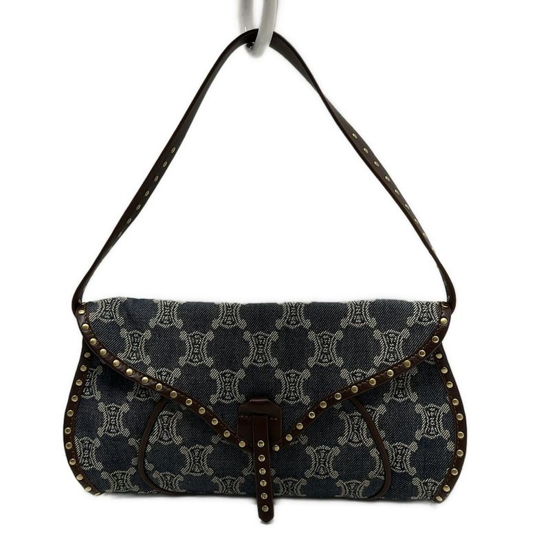 Celine Shoulder Bag Paris Macadam Navy Ivory And Dark Brown Studded Leather