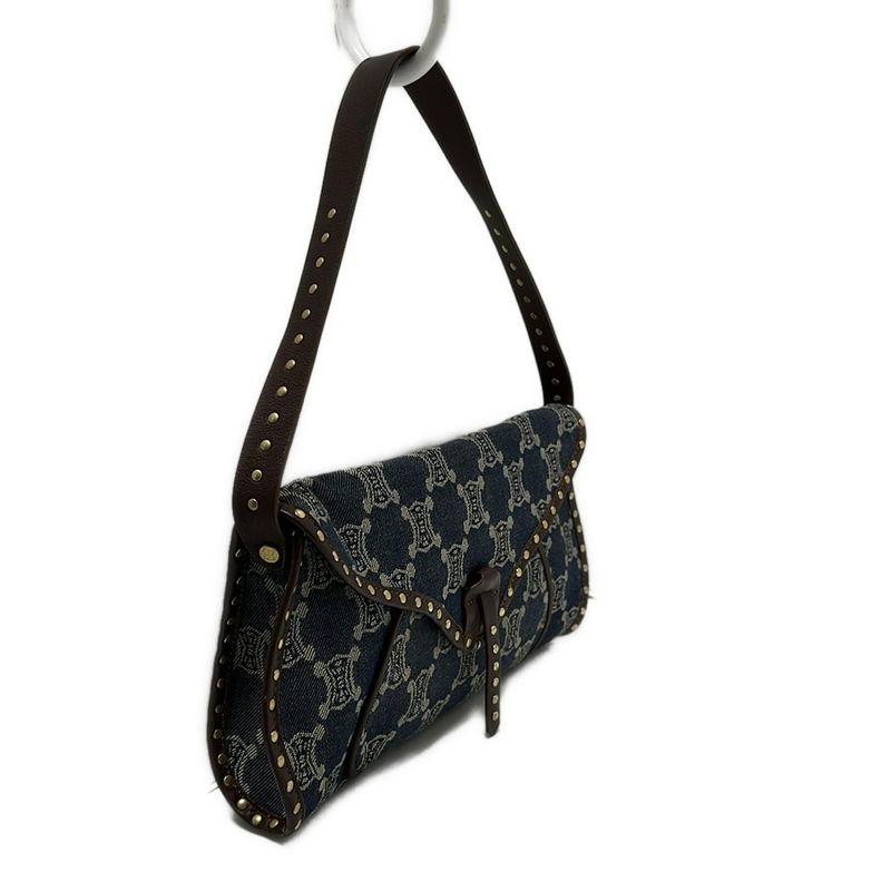 Celine Shoulder Bag Paris Macadam Navy Ivory And Dark Brown Studded Leather