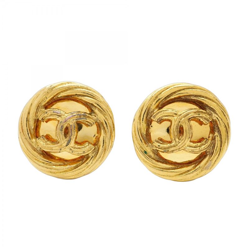 Chanel Earrings Vintage Coco Mark Round Shape Circle GP Plated Gold Ladies