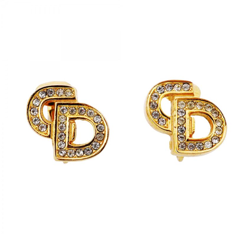 Christian Dior Earring CD Logo GP Plated Rhinestone Gold Ladies