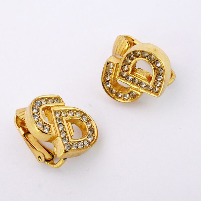 Christian Dior Earring CD Logo GP Plated Rhinestone Gold Ladies