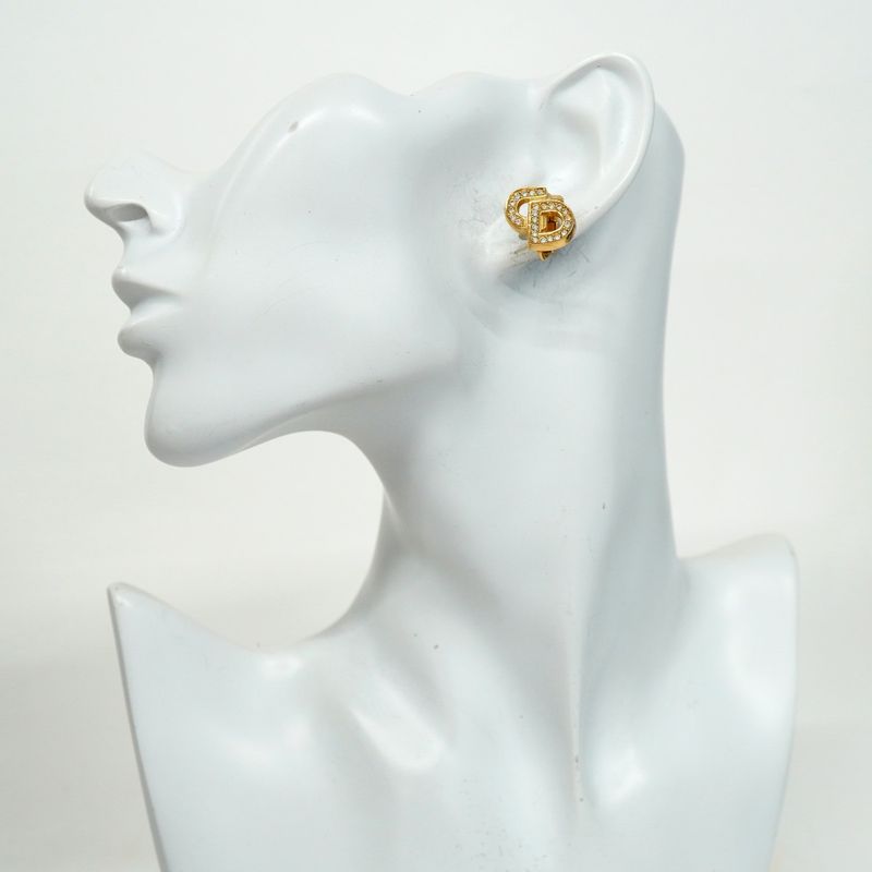 Christian Dior Earring CD Logo GP Plated Rhinestone Gold Ladies