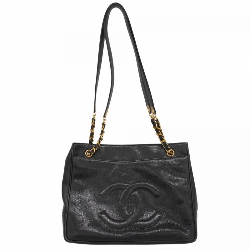 Chanel Shoulder Bag Caviar Skin Black Gold Hardware Women
