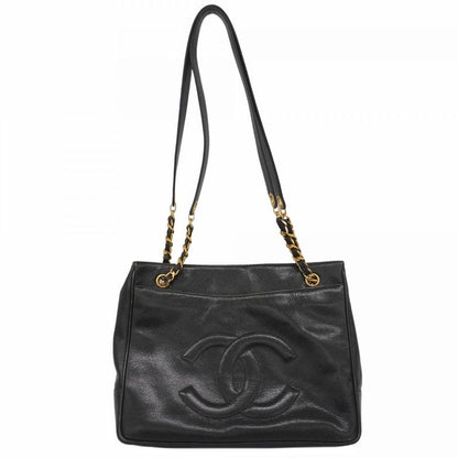Chanel Shoulder Bag Caviar Skin Black Gold Hardware Women