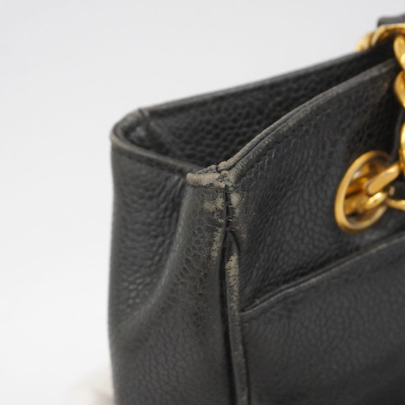 Chanel Shoulder Bag Caviar Skin Black Gold Hardware Women