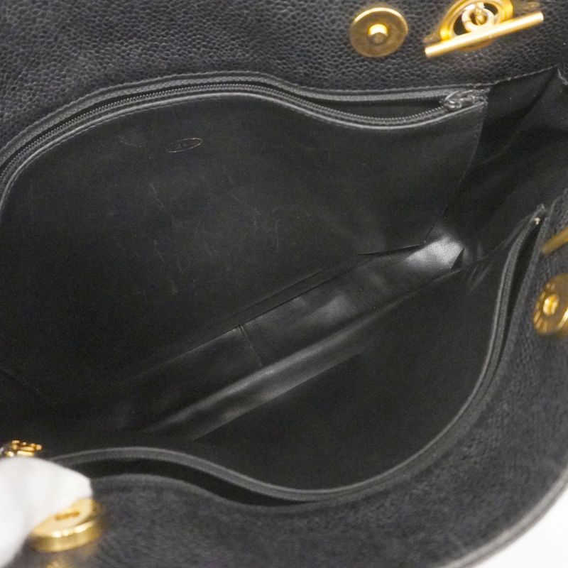 Chanel Shoulder Bag Caviar Skin Black Gold Hardware Women