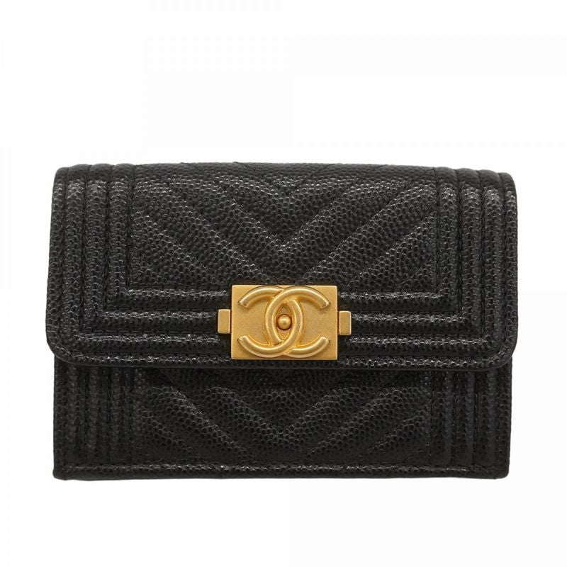 Chanel Wallet Boy Chanel Caviar Skin Black Gold Hardware Women