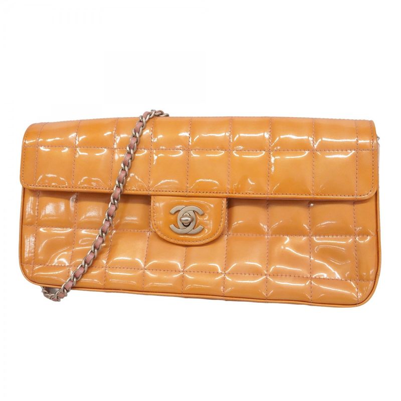 Chanel Shoulder Bag Choco Bar Patent Leather Orange Silver Hardware Women