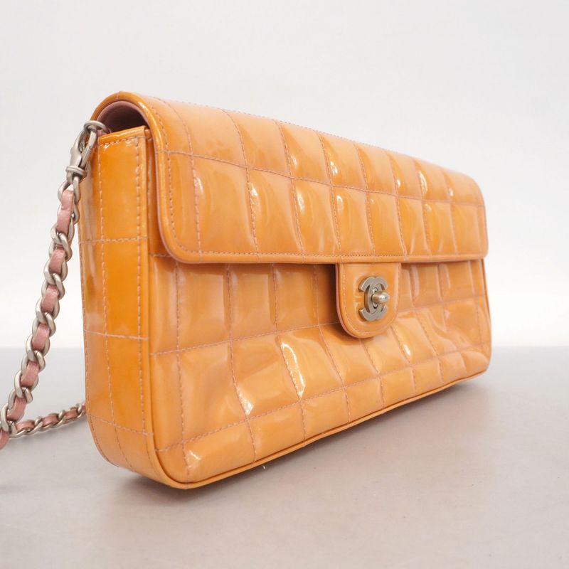 Chanel Shoulder Bag Choco Bar Patent Leather Orange Silver Hardware Women