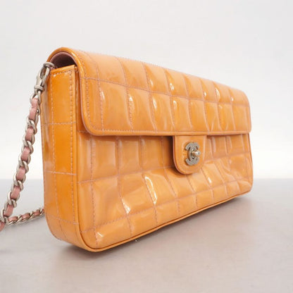 Chanel Shoulder Bag Choco Bar Patent Leather Orange Silver Hardware Women
