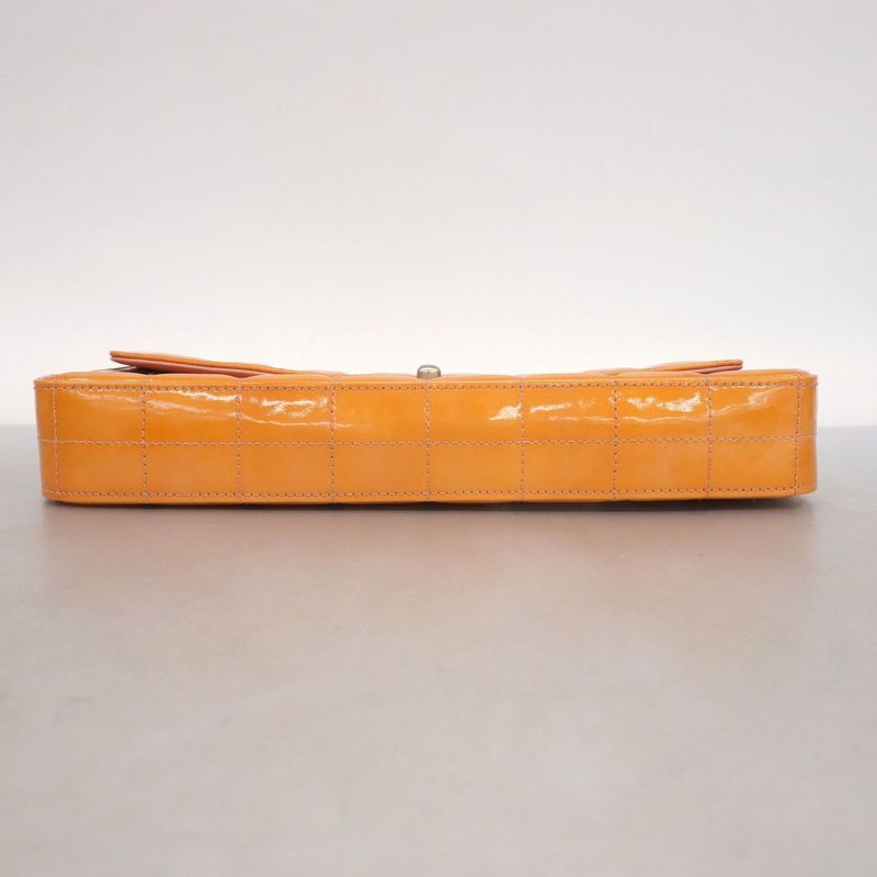 Chanel Shoulder Bag Choco Bar Patent Leather Orange Silver Hardware Women