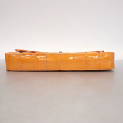 Chanel Shoulder Bag Choco Bar Patent Leather Orange Silver Hardware Women