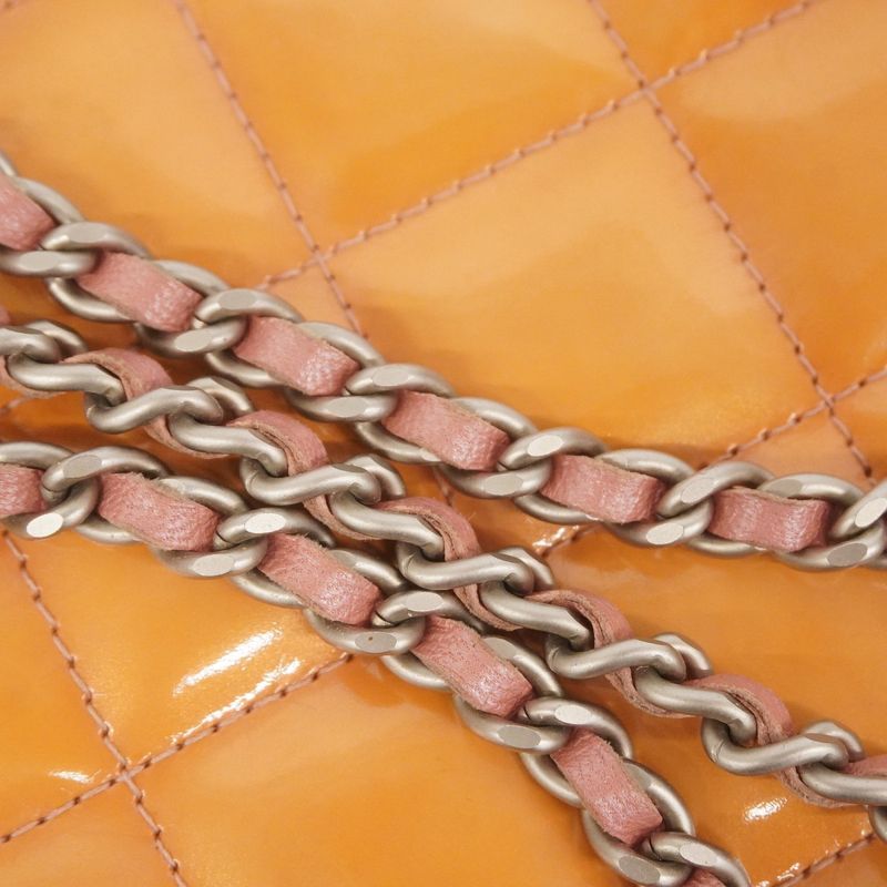 Chanel Shoulder Bag Choco Bar Patent Leather Orange Silver Hardware Women