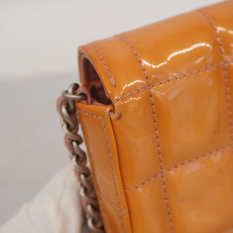 Chanel Shoulder Bag Choco Bar Patent Leather Orange Silver Hardware Women