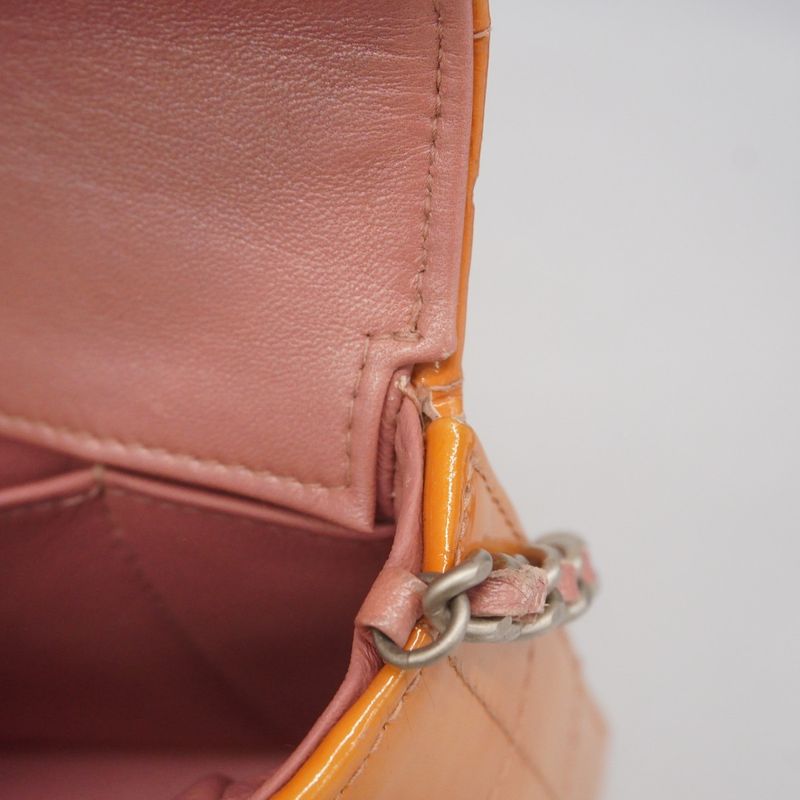 Chanel Shoulder Bag Choco Bar Patent Leather Orange Silver Hardware Women