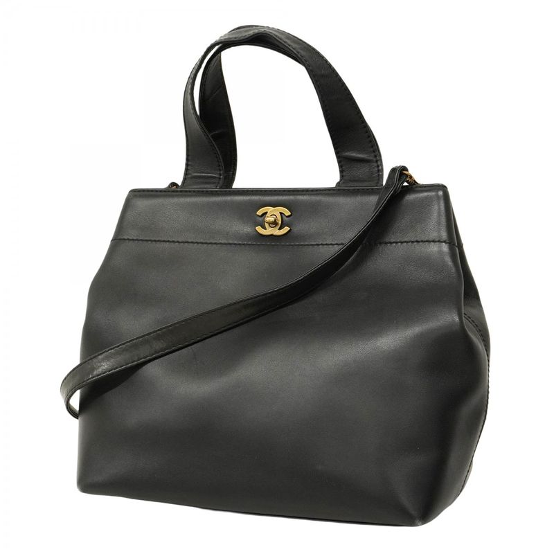 Chanel Handbag Leather Black Gold Hardware 2way Bag Ladies