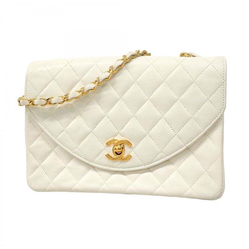 Chanel Shoulder Bag Matelasse Lambskin White Gold Hardware Women