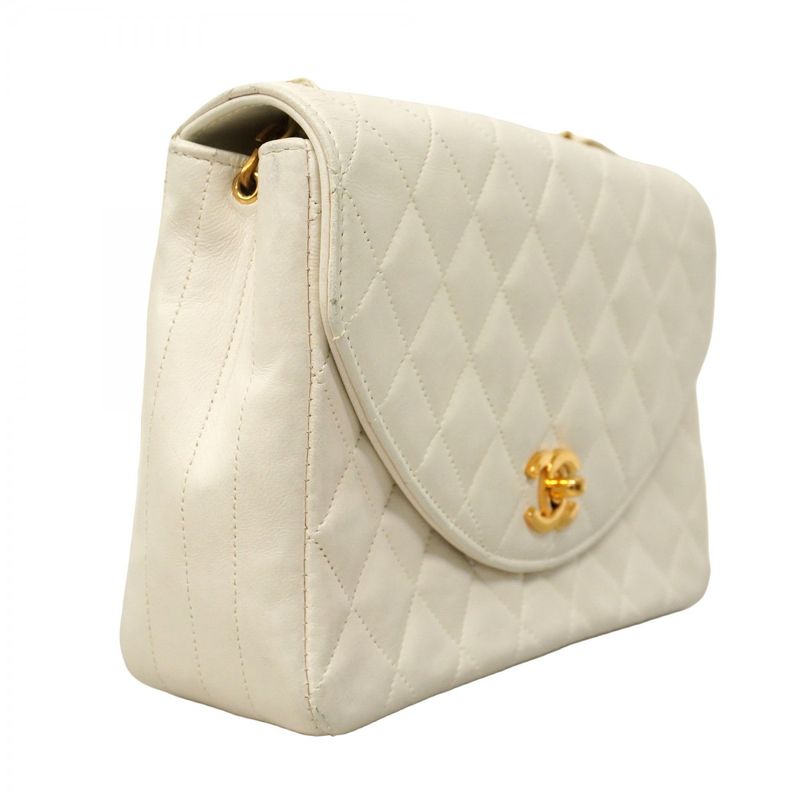 Chanel Shoulder Bag Matelasse Lambskin White Gold Hardware Women