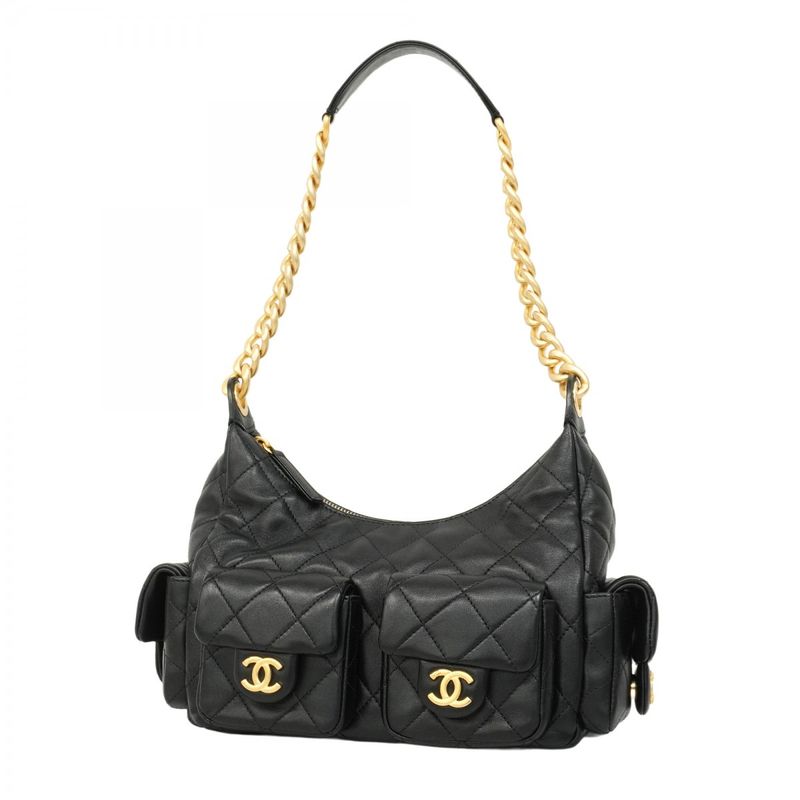 Chanel Shoulder Bag Hobo Lambskin Black Gold Hardware Women
