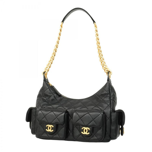 Chanel Shoulder Bag Hobo Lambskin Black Gold Hardware Women