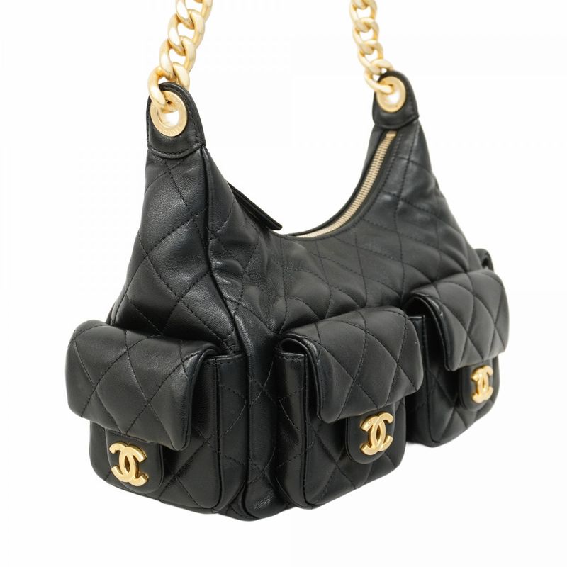 Chanel Shoulder Bag Hobo Lambskin Black Gold Hardware Women