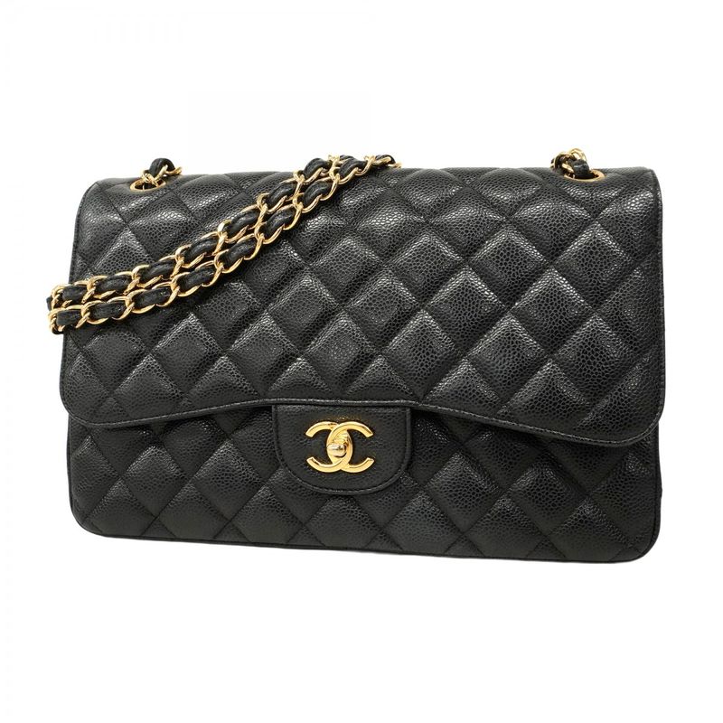 Chanel Shoulder Bag Deca Matelasse Caviar Skin Black Gold Hardware Women