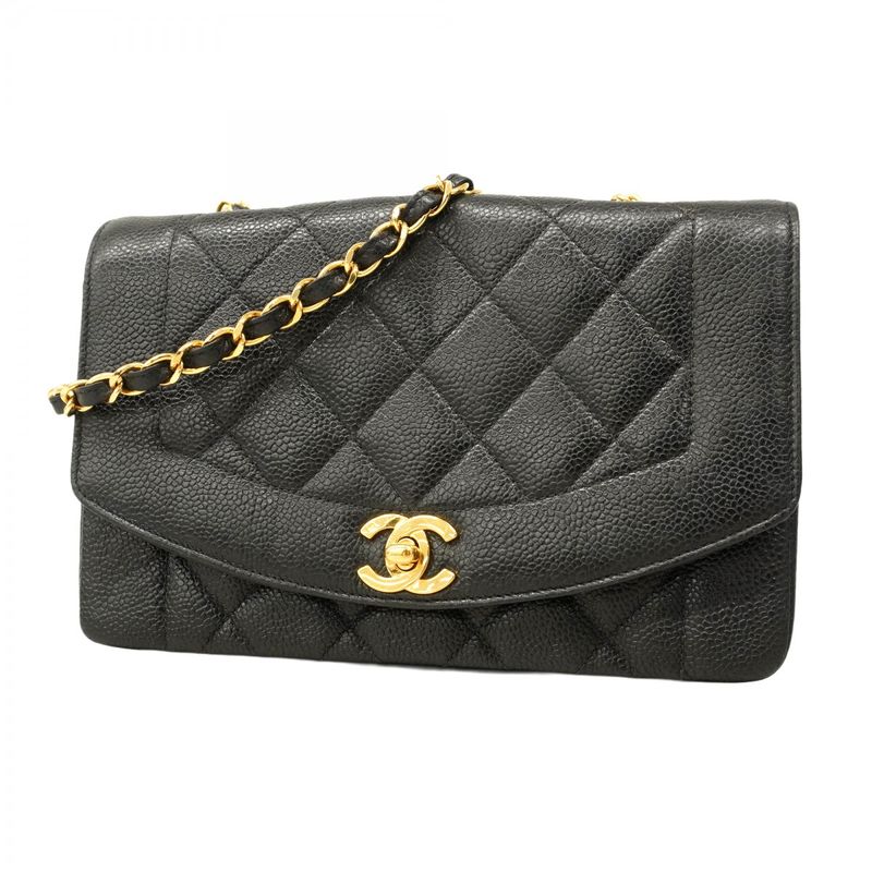 Chanel Shoulder Bag Matelasse Diana Caviar Skin Black Gold Hardware Women