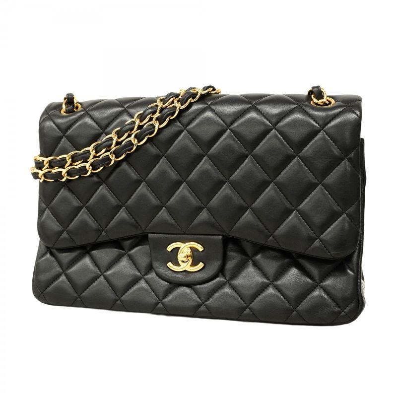 Chanel Shoulder Bag Deka Matelasse Lambskin Black Gold Hardware Women