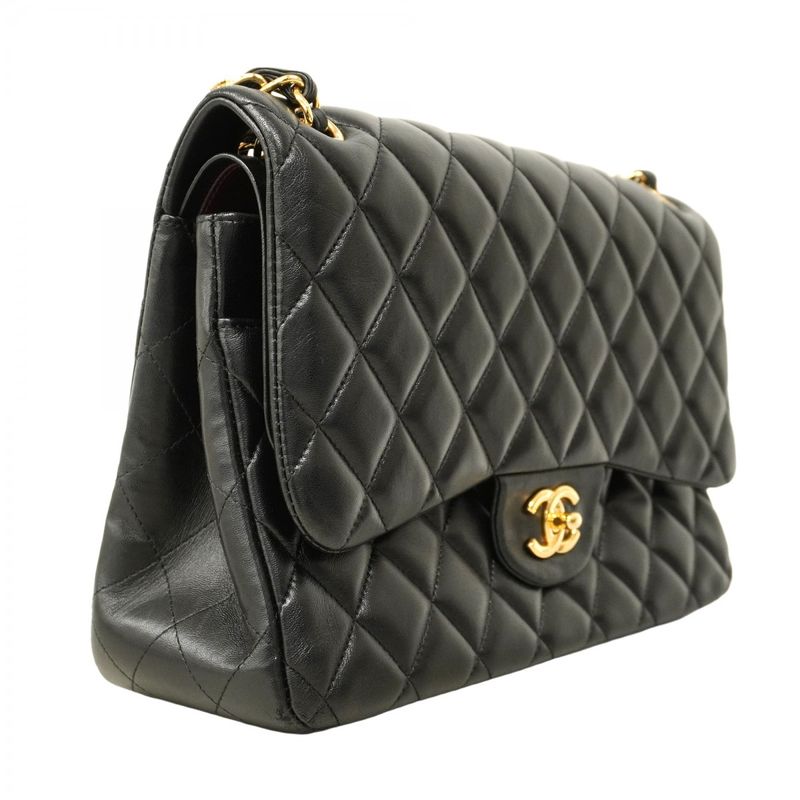 Chanel Shoulder Bag Deka Matelasse Lambskin Black Gold Hardware Women