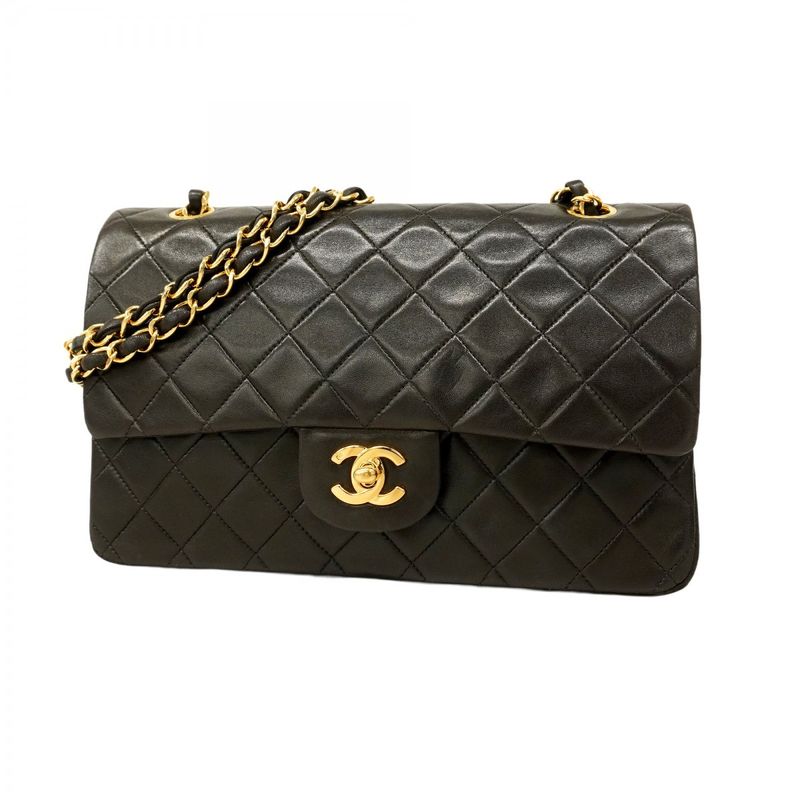 Chanel Shoulder Bag Matelasse Lambskin Black Gold Hardware Women
