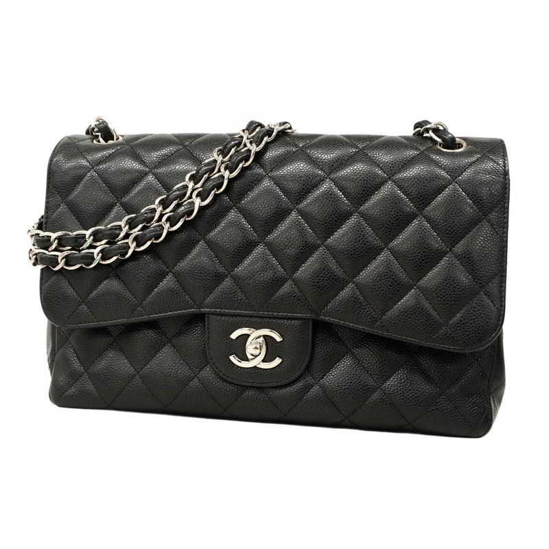 Chanel Shoulder Bag Deca Matelasse Caviar Skin Black Silver Hardware Women