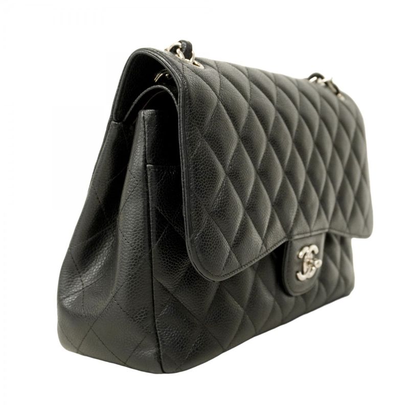 Chanel Shoulder Bag Deca Matelasse Caviar Skin Black Silver Hardware Women
