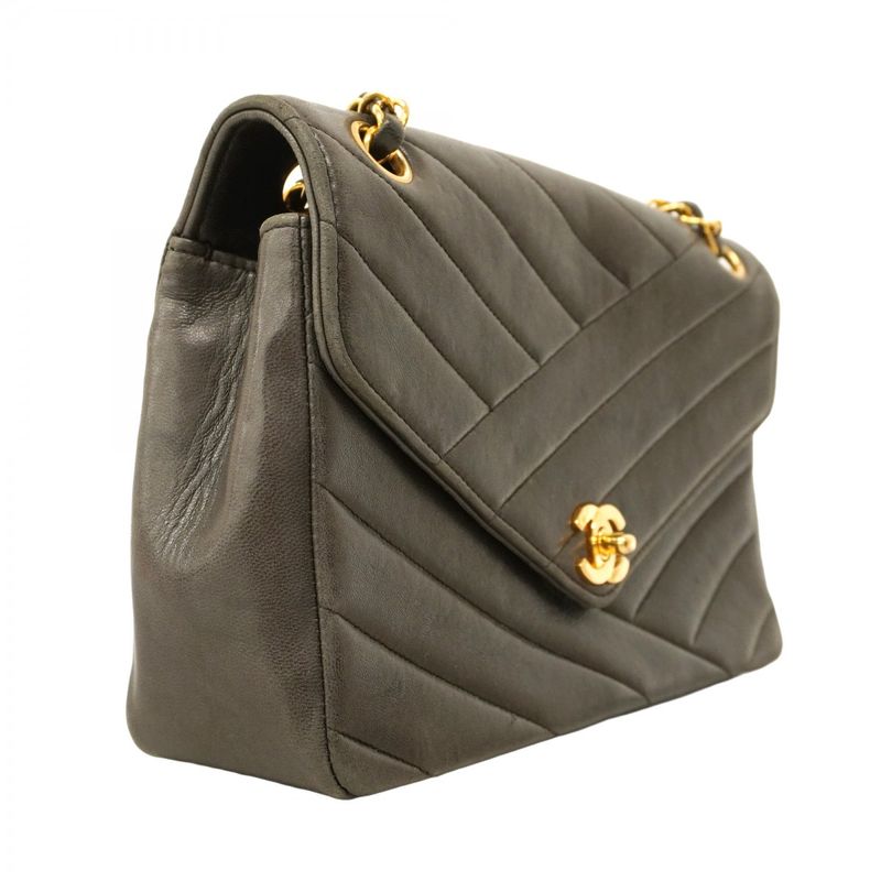 Chanel Shoulder Bag Chevron Lambskin Black Gold Hardware Women