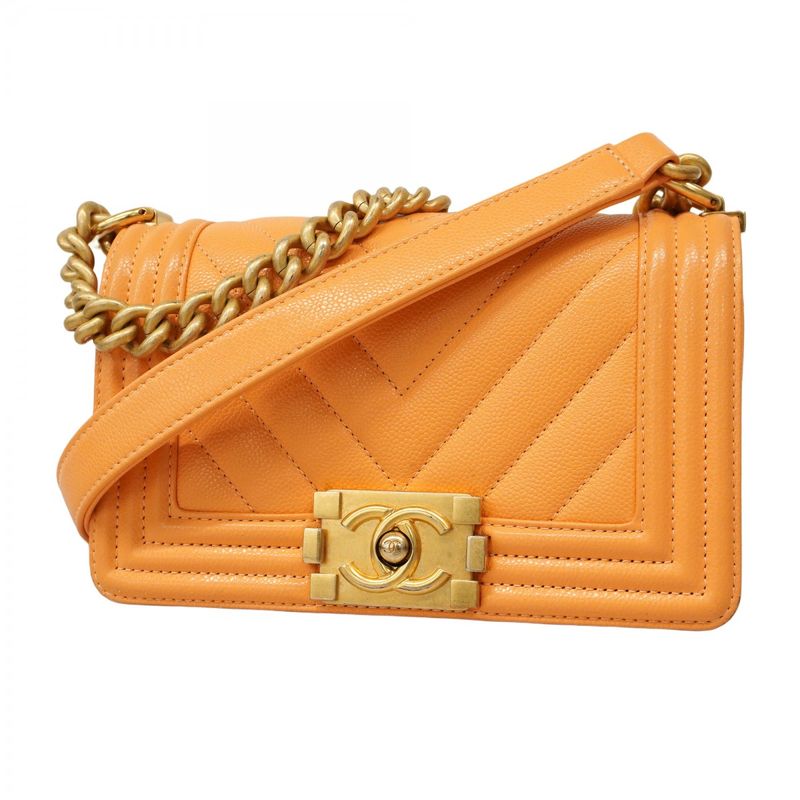 Chanel Shoulder Bag Boy Chanel/v-stitched Caviar Skin Orange Gold Hardware Women