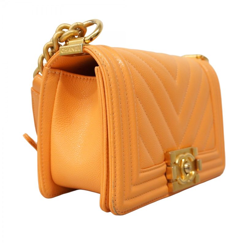 Chanel Shoulder Bag Boy Chanel/v-stitched Caviar Skin Orange Gold Hardware Women