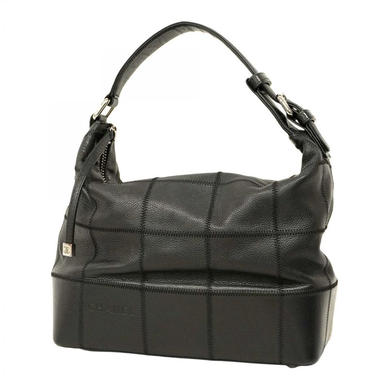 Chanel Shoulder Bag Choco Bar Leather Black Silver Hardware Women