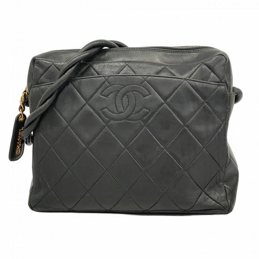 Chanel Shoulder Bag Matelasse Lambskin Black Gold Hardware Women