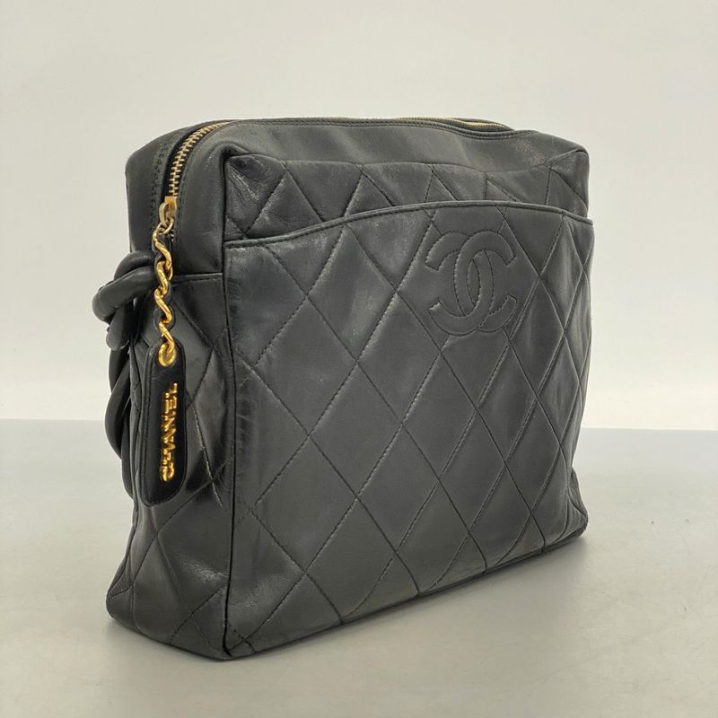 Chanel Shoulder Bag Matelasse Lambskin Black Gold Hardware Women