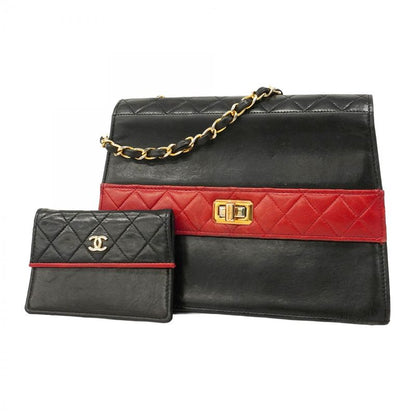 Chanel Shoulder Bag Matelasse Lambskin Black Red Gold Hardware Women