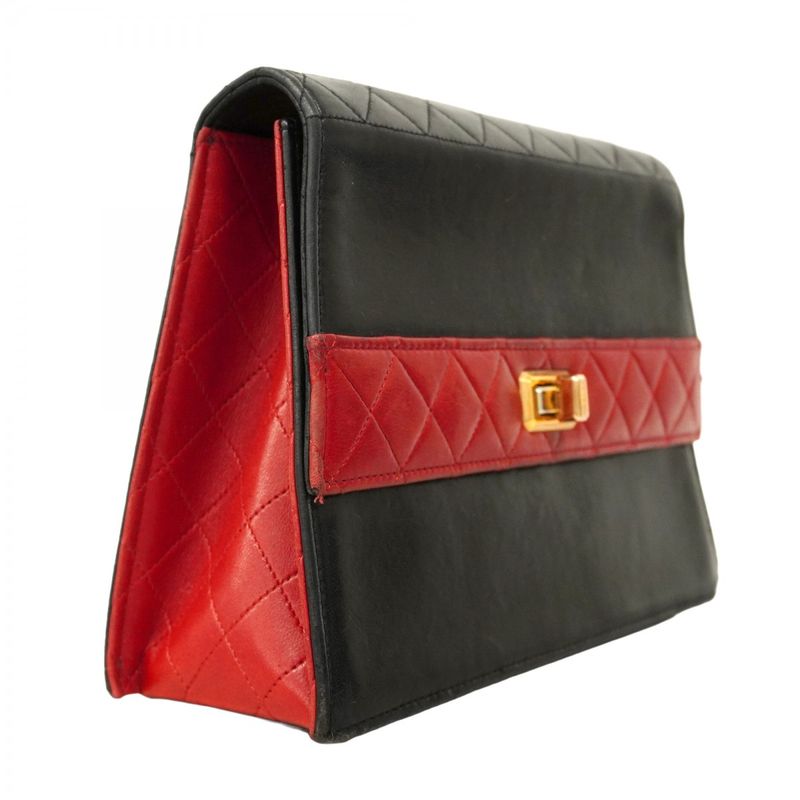 Chanel Shoulder Bag Matelasse Lambskin Black Red Gold Hardware Women