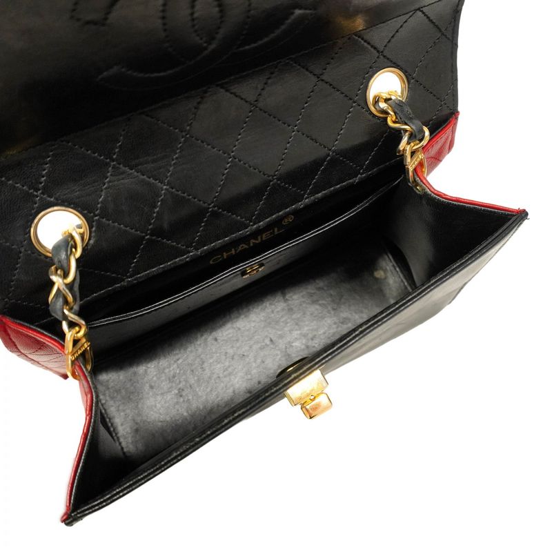 Chanel Shoulder Bag Matelasse Lambskin Black Red Gold Hardware Women