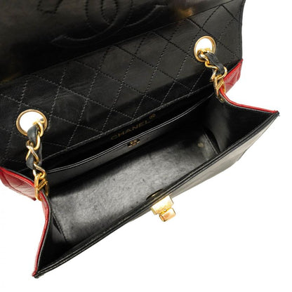 Chanel Shoulder Bag Matelasse Lambskin Black Red Gold Hardware Women