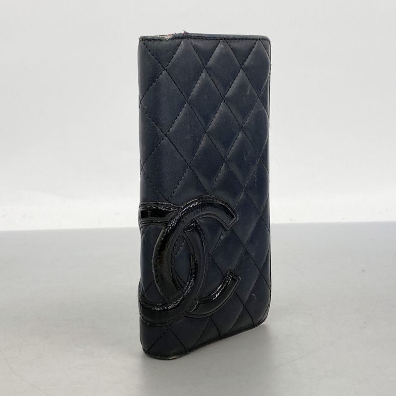 Chanel Long Wallet Cambon Lambskin Black Silver Hardware Women