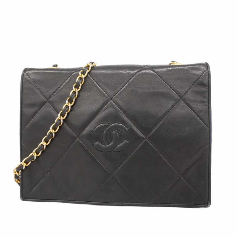 Chanel Shoulder Bag Matelasse Lambskin Black Gold Hardware Women