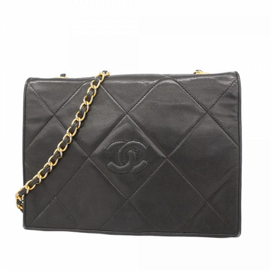 Chanel Shoulder Bag Matelasse Lambskin Black Gold Hardware Women